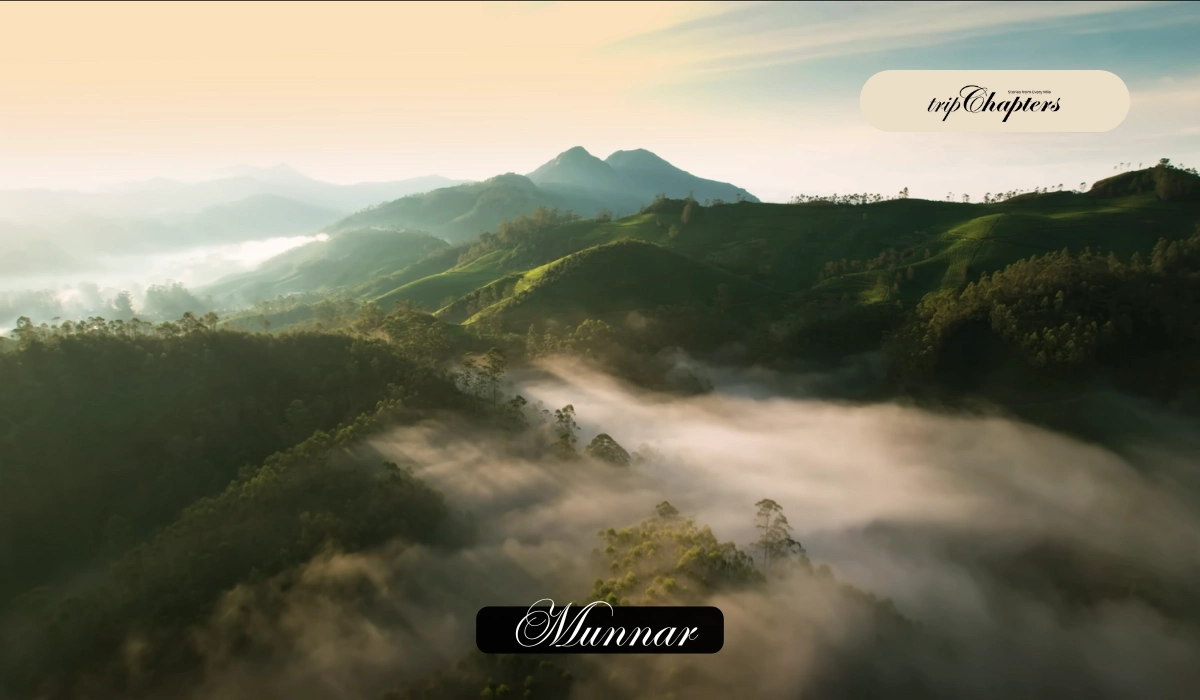 Misty green mountains and valleys at sunrise in Munnar