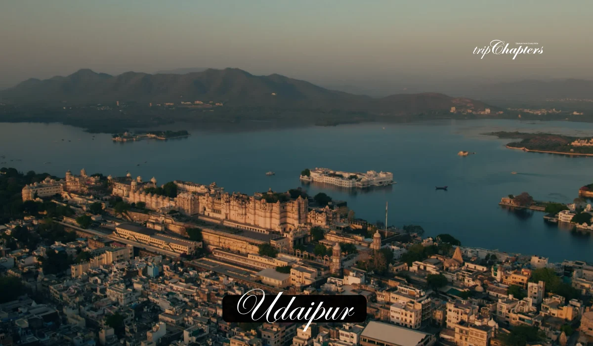 Udaipur city and lake at sunset